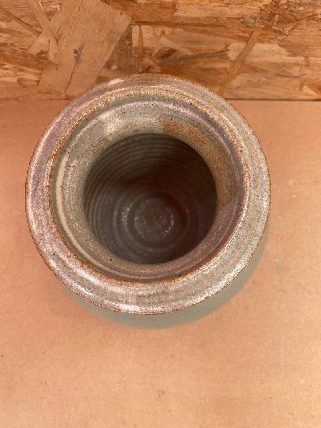 Antique vintage grey beige glazed stoneware ball vase