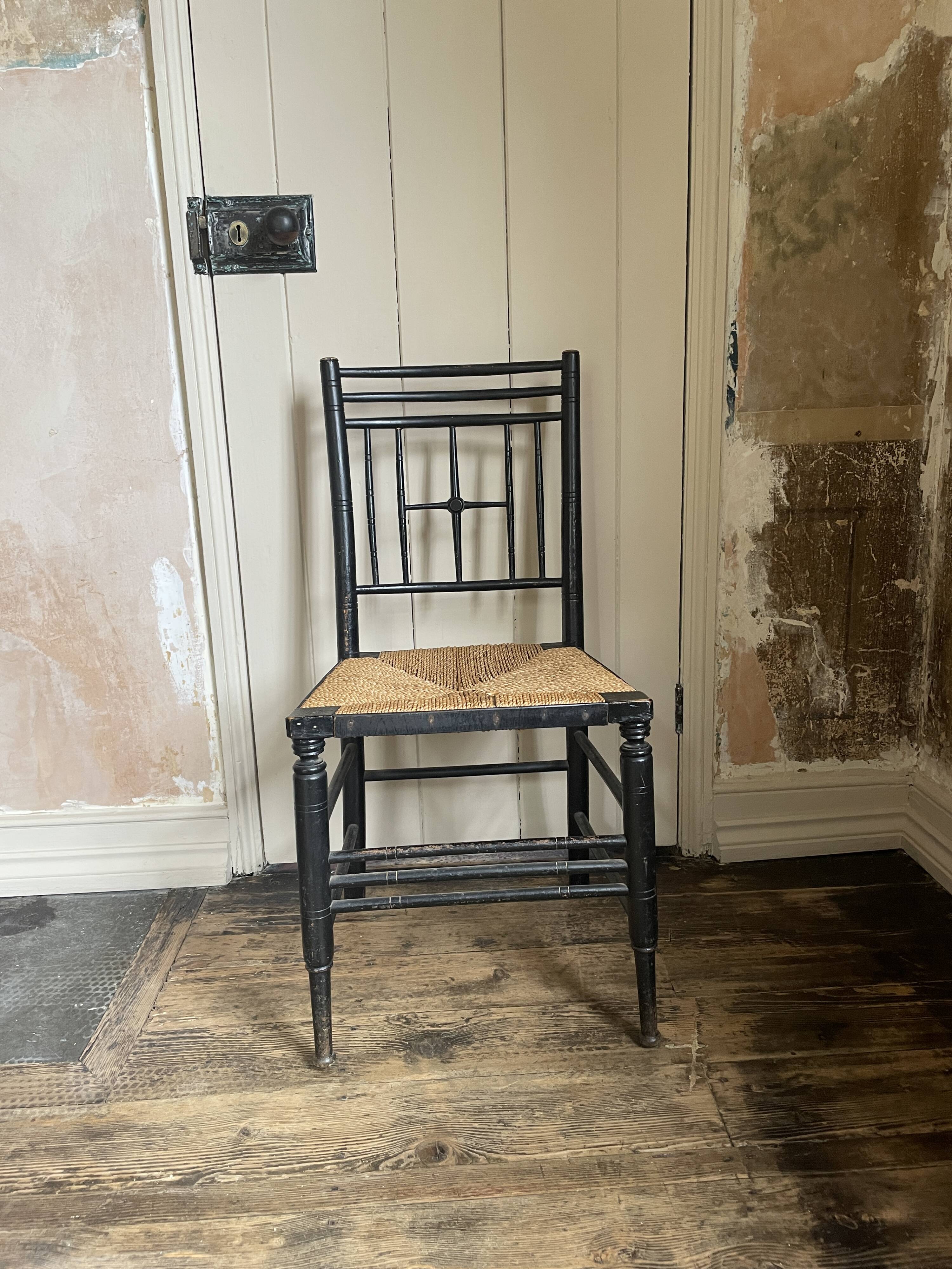 Arts & Crafts Ebonised Rush Seated Chair After a Design by Ford Madox Brown
