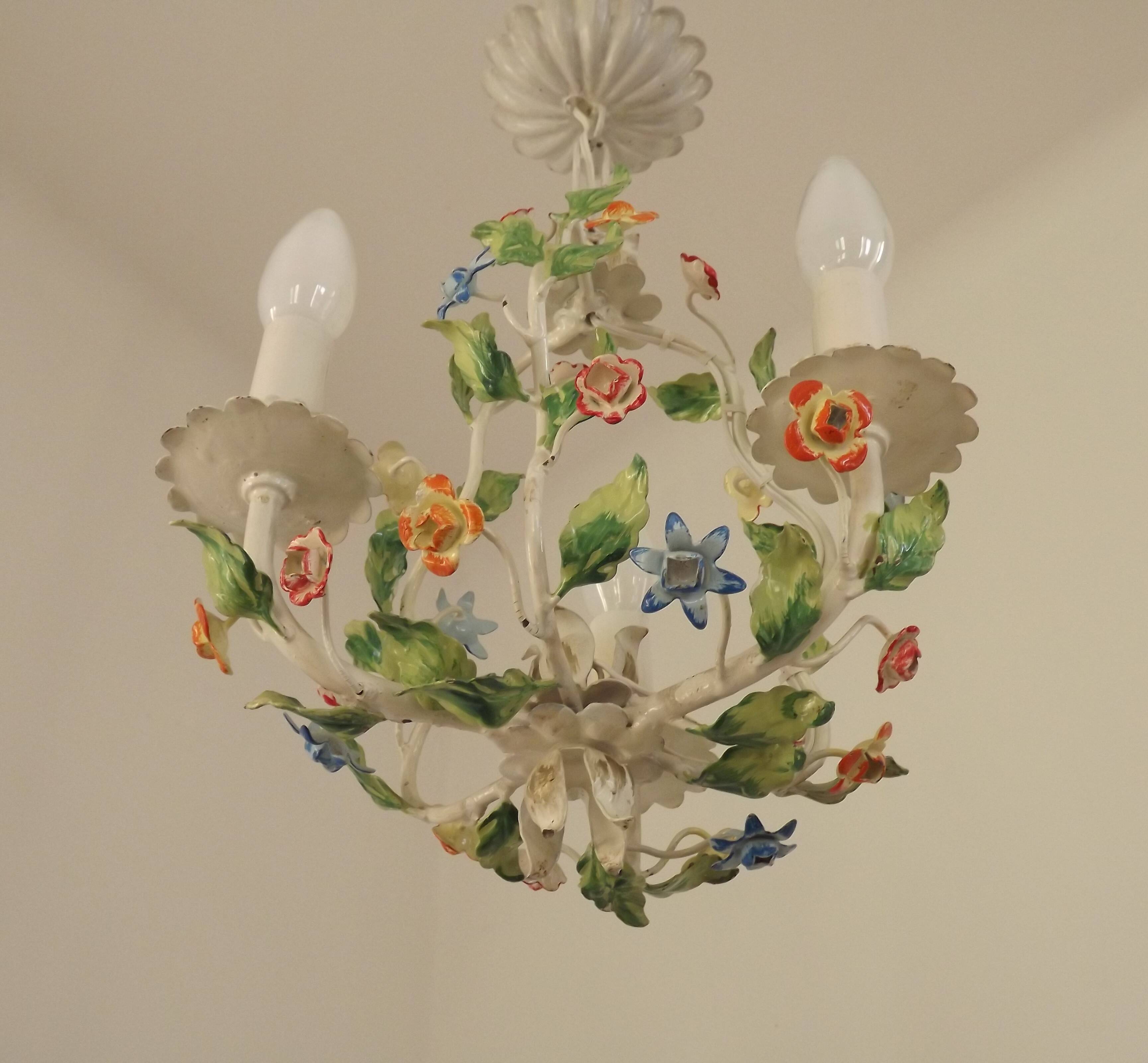 Romantic Vintage Italian Metal 3 Light Cage Chandelier Circa 1930s/40s