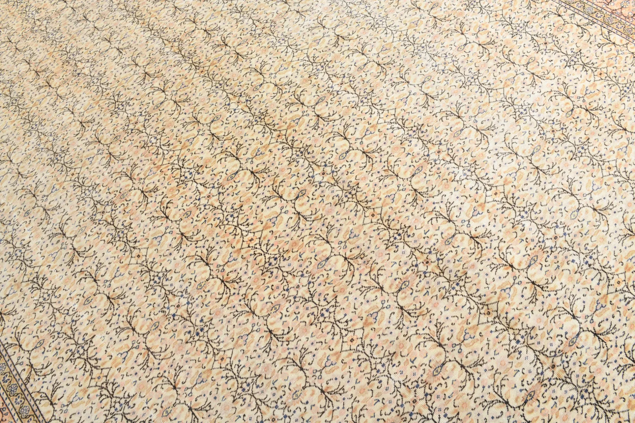 9x13 Vintage Cream Blue Persian Rug, Turkish Handmade Wool Floral Carpet