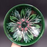 Green faience bowl decorated with multicolored drips around 1970