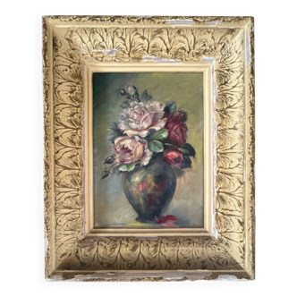 Tableau : Huile sur toile - nature morte au bouquet de roses