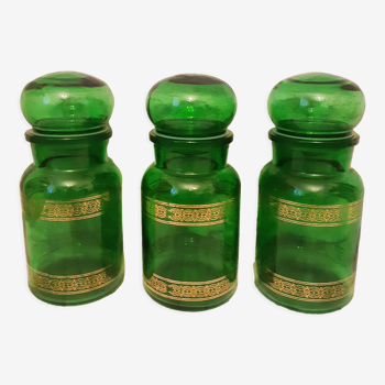 Green and gold glass spice jars