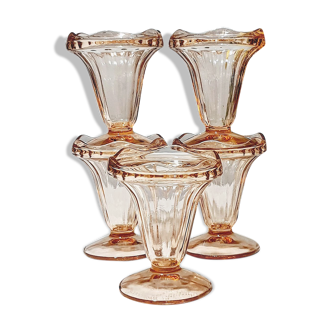 Lot de 5 coupes à glaces en verre rose saumoné