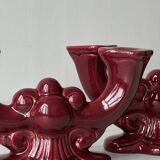 Pair of 1950s burgundy earthenware candlesticks