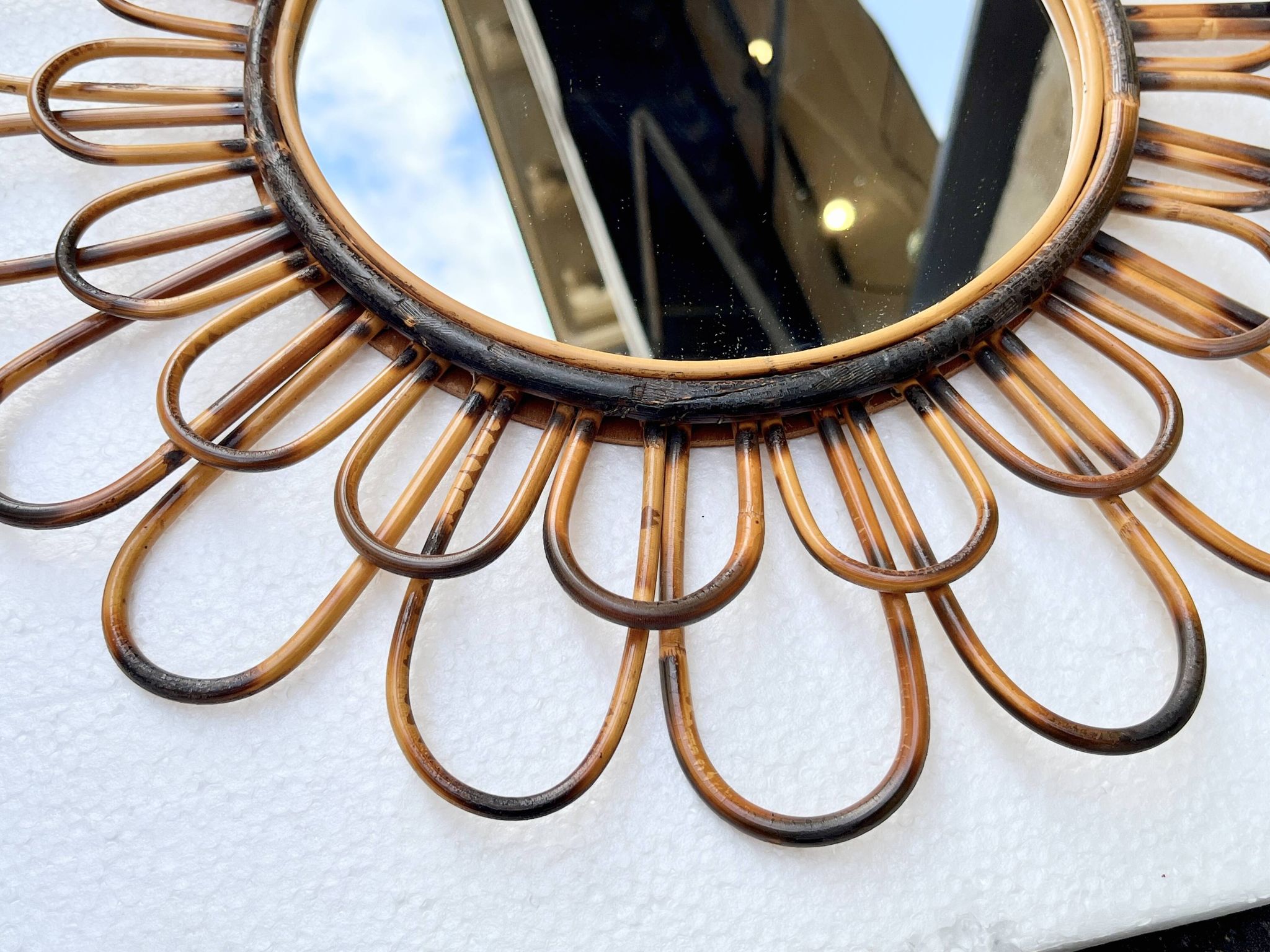Round flower sun mirror in smoked wicker rattan vintage 1960s 1970s 47 cm folk