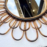 Round mirror flower sun in smoked rattan wicker vintage 1960 1970 47 cm folk