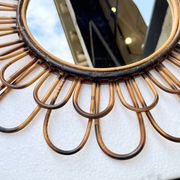 Round flower sun mirror in smoked wicker rattan vintage 1960s 1970s 47 cm folk