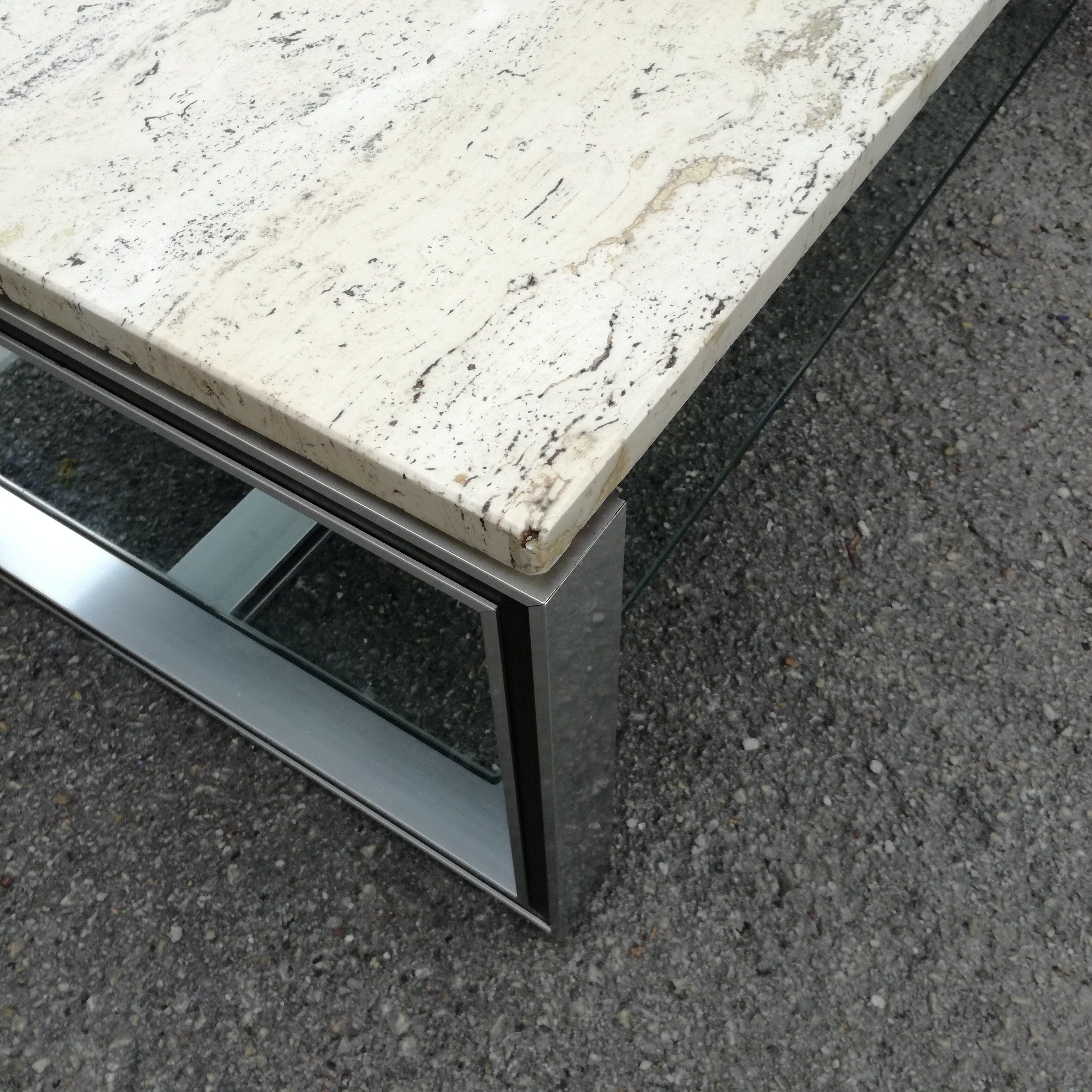 Rectangular coffee table in travertine, glass and aluminium L120