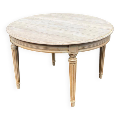 Table à manger ronde Louis XVI décapée en bois massif brut 1960