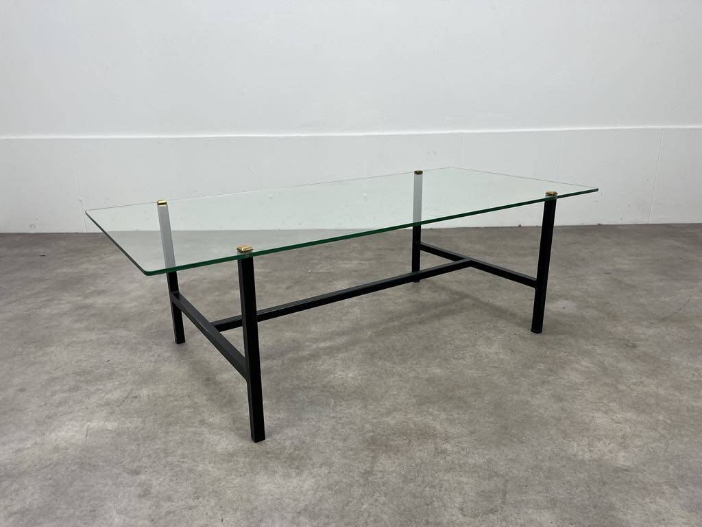 50s coffee table, glass and black metal