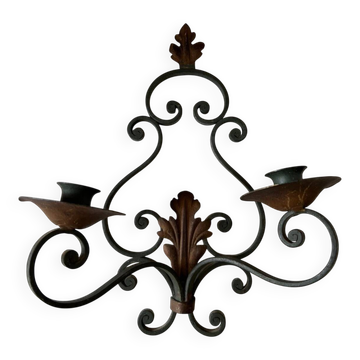 1940s wrought iron wall sconce with candles and foliage design