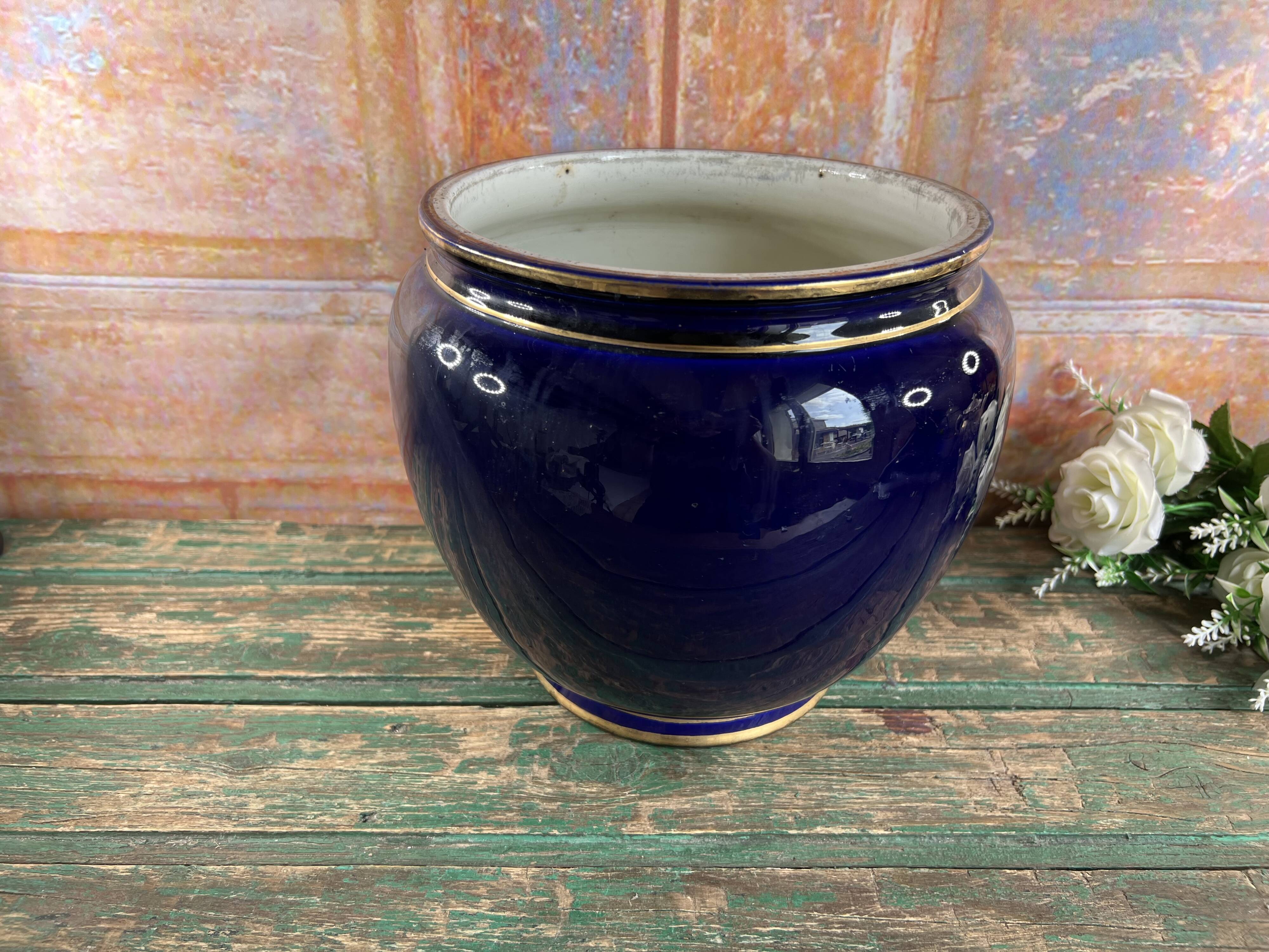 Large round old blue planter Luneville