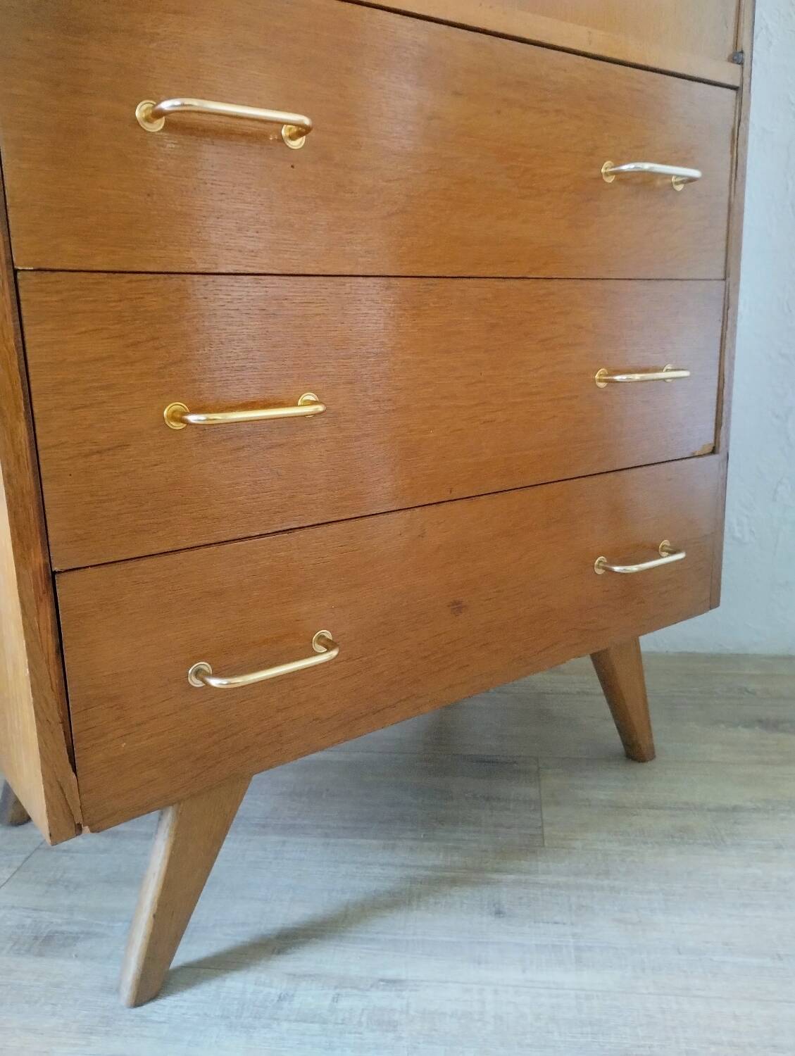 Vintage 1950s secretary desk with compass legs and gilded oak