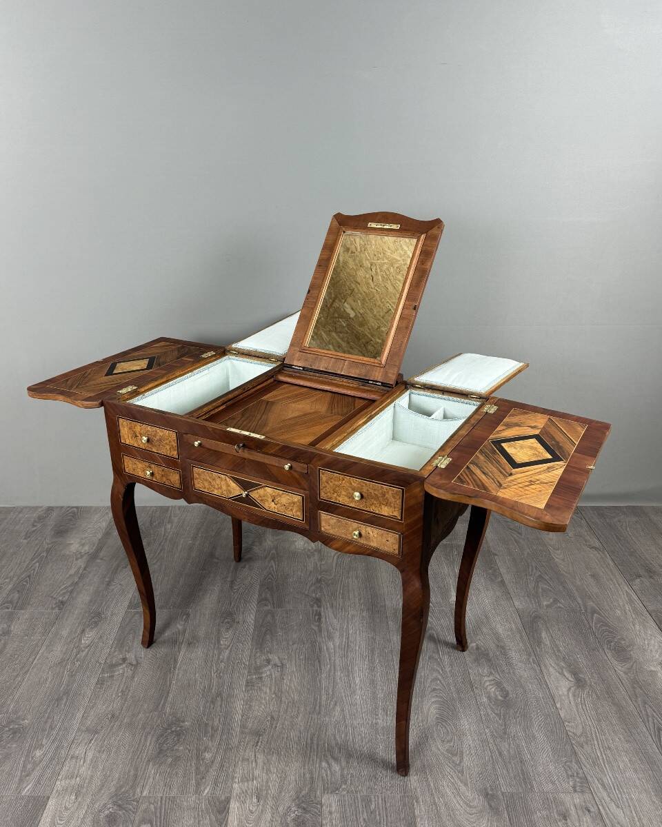 Marquetry Hairdresser in Louis XV Style, Dressing Table with Mirror, 20th Century