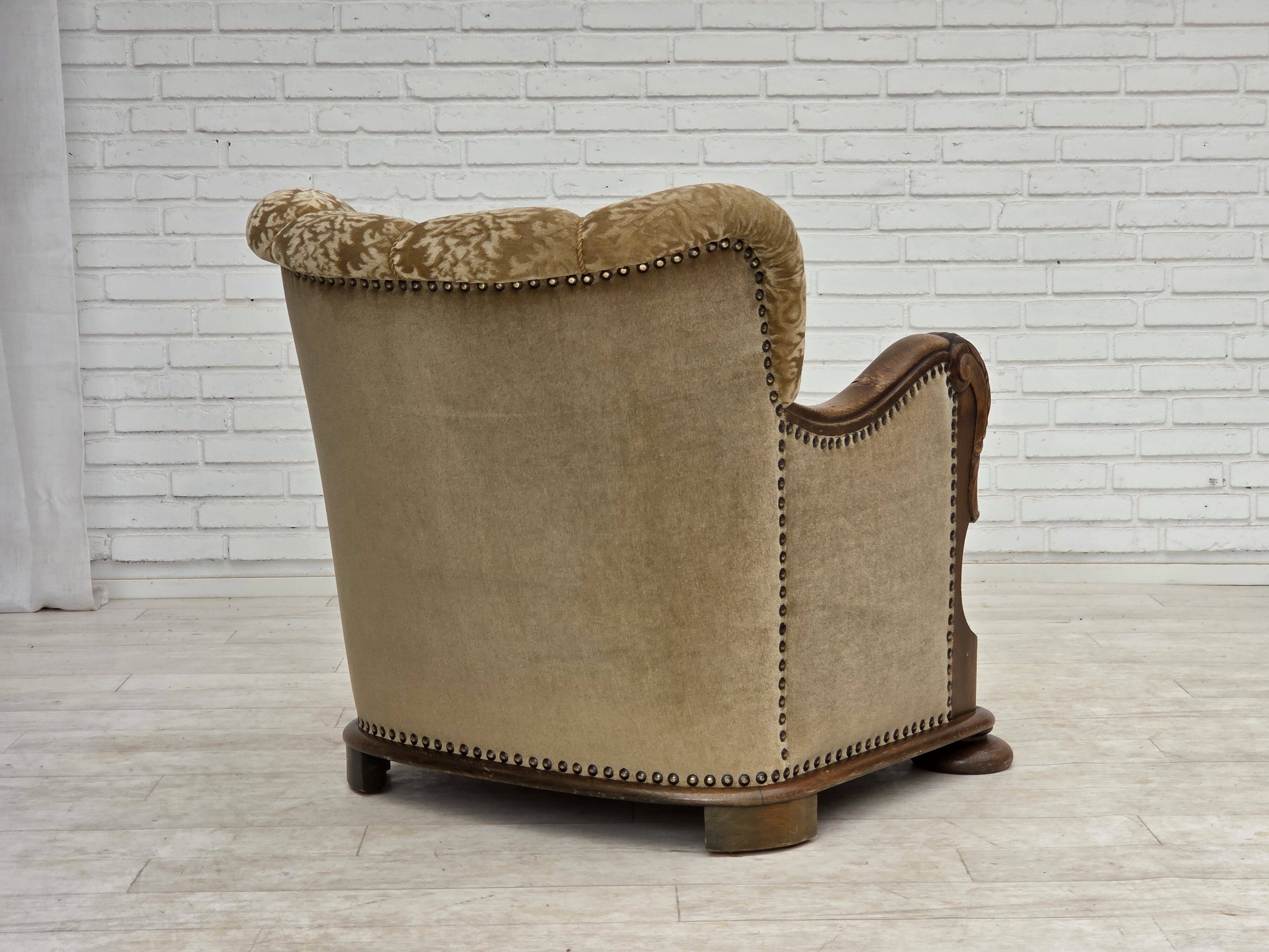 1950s, Danish relax armchair, furniture velour, carved oak wood.