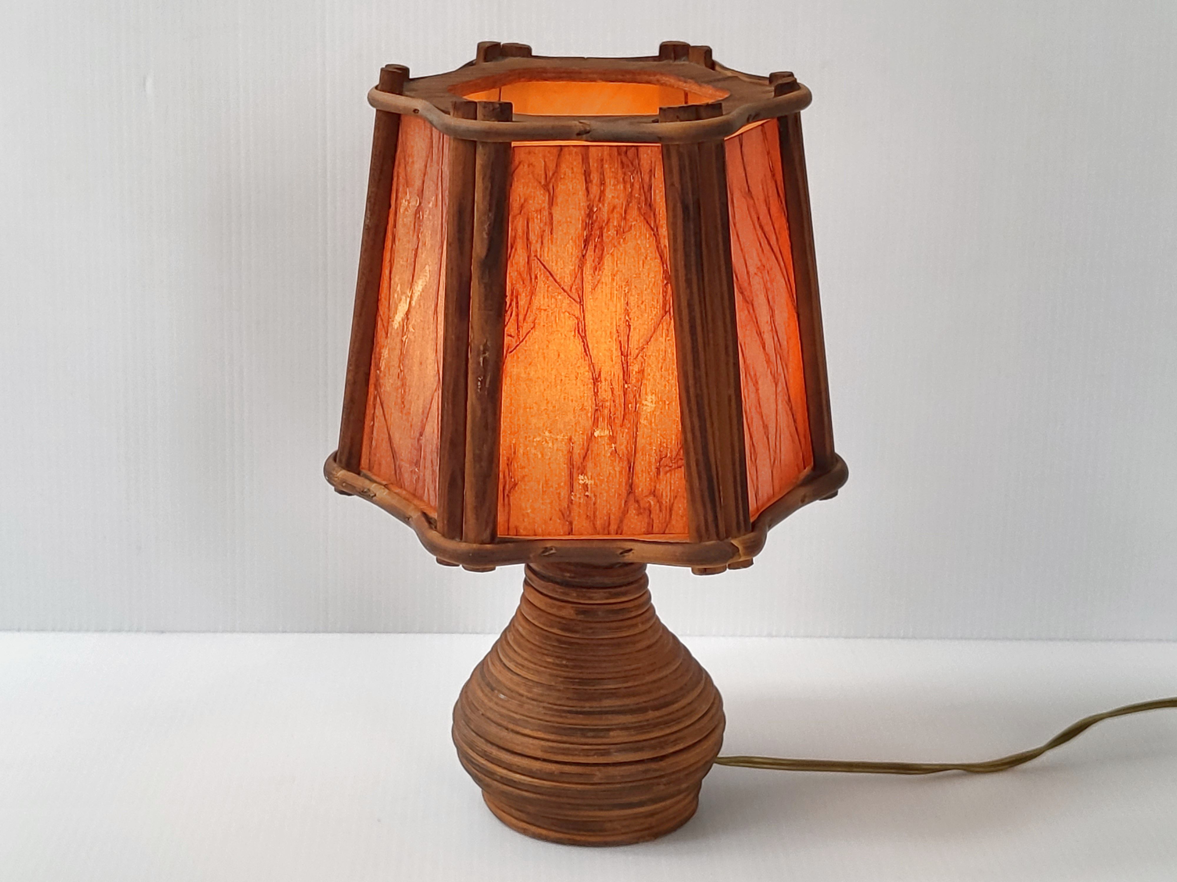 Lampe vintage 1960 bois & rotin
