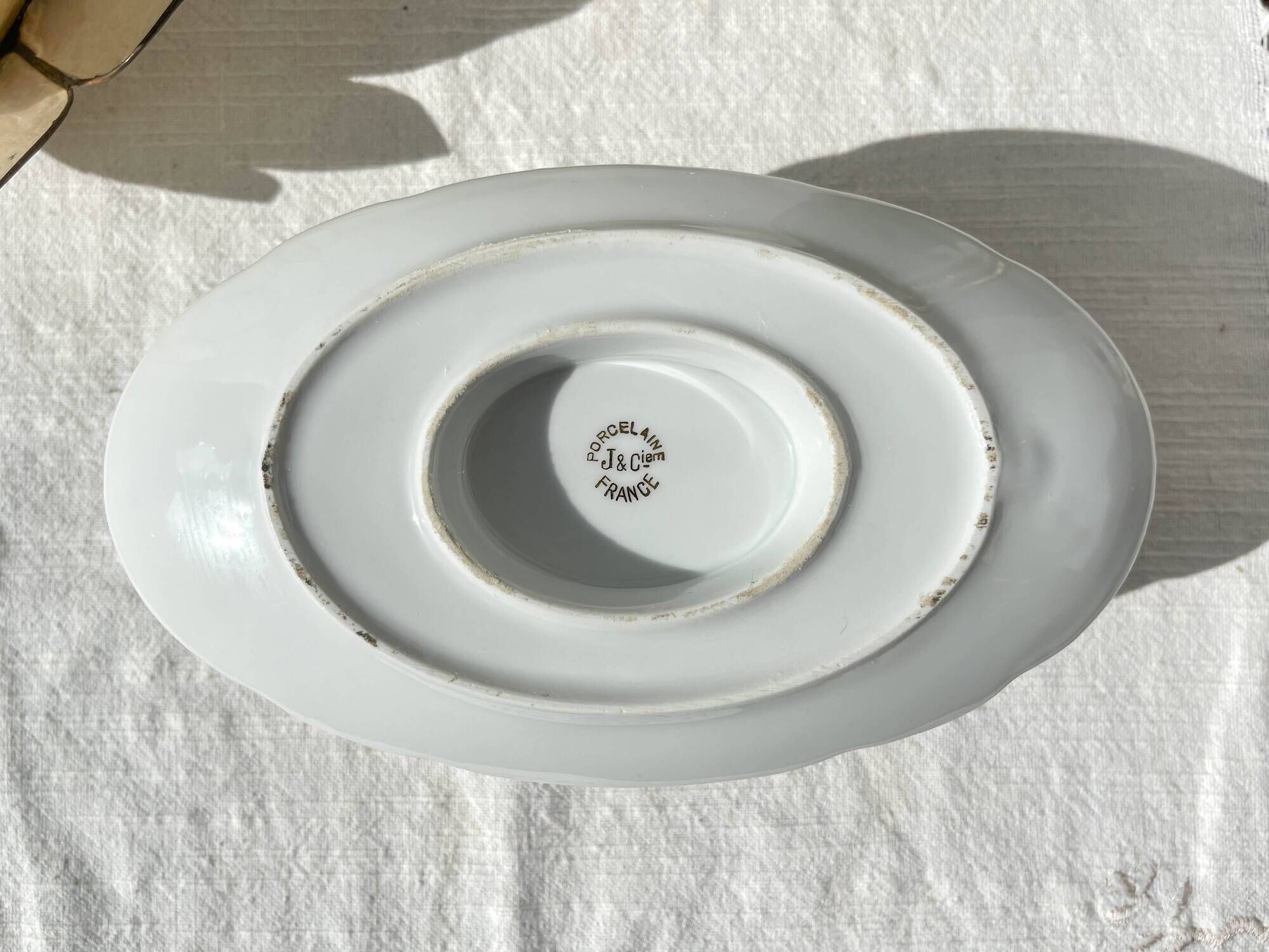 J&Ciem France 1950 white gilded porcelain sauce boat with floral pattern