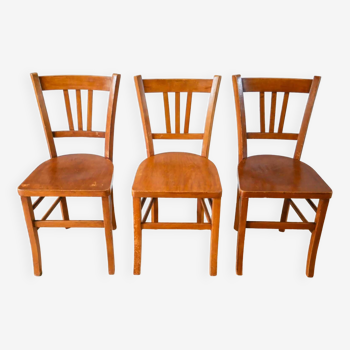 Ensemble de 3 chaises bistrot en bois 1950