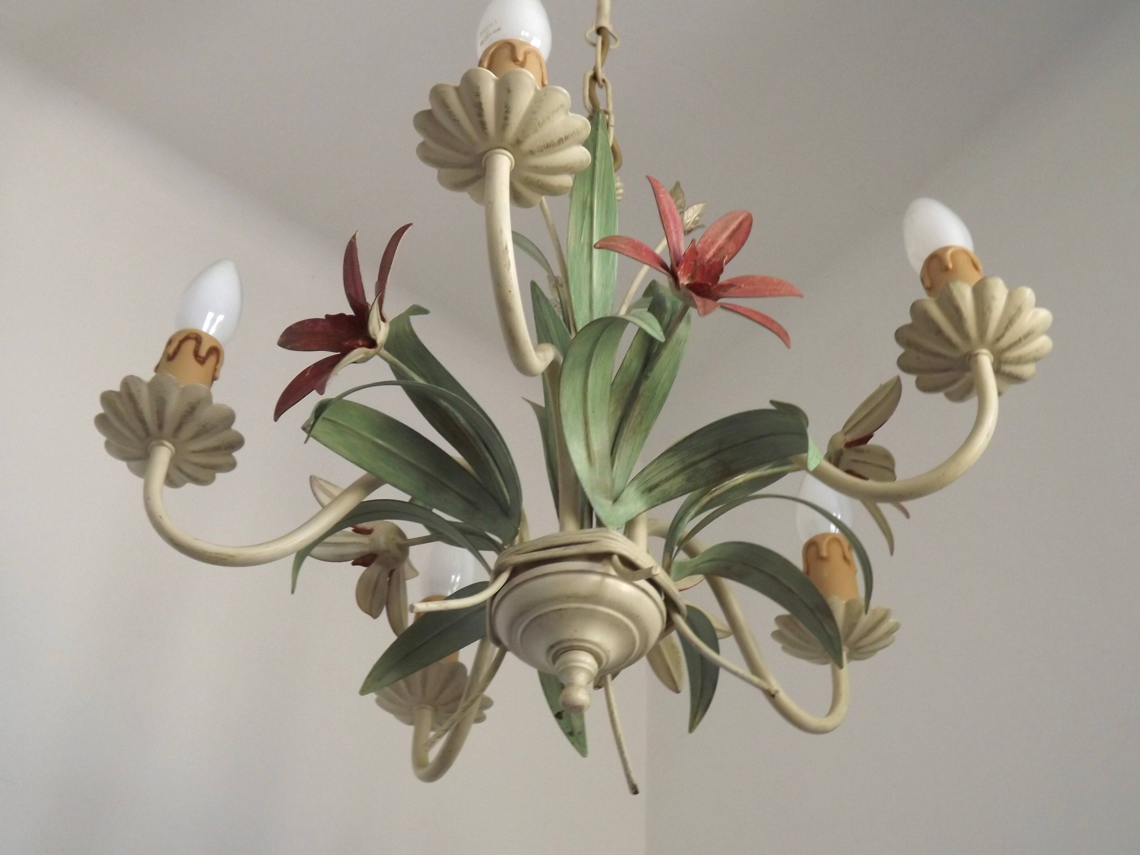 5 Light Vintage Italian Chandelier, Mathias Metal Bouquet, Pink Flowers