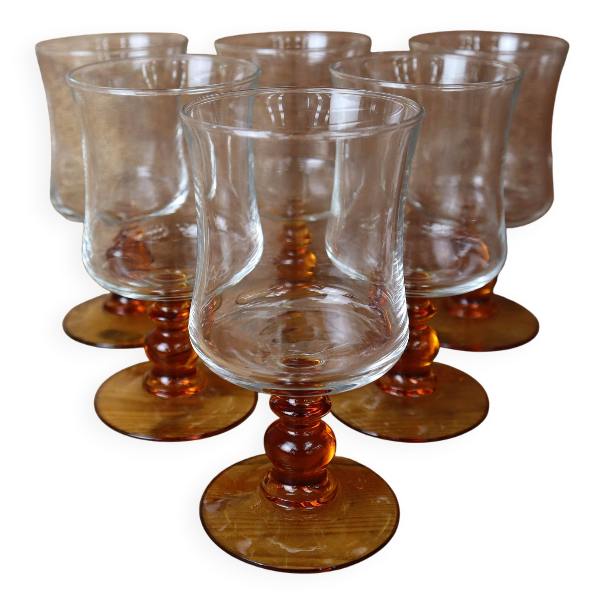 6 Luminarc "Antique" amber-stemmed water glasses
