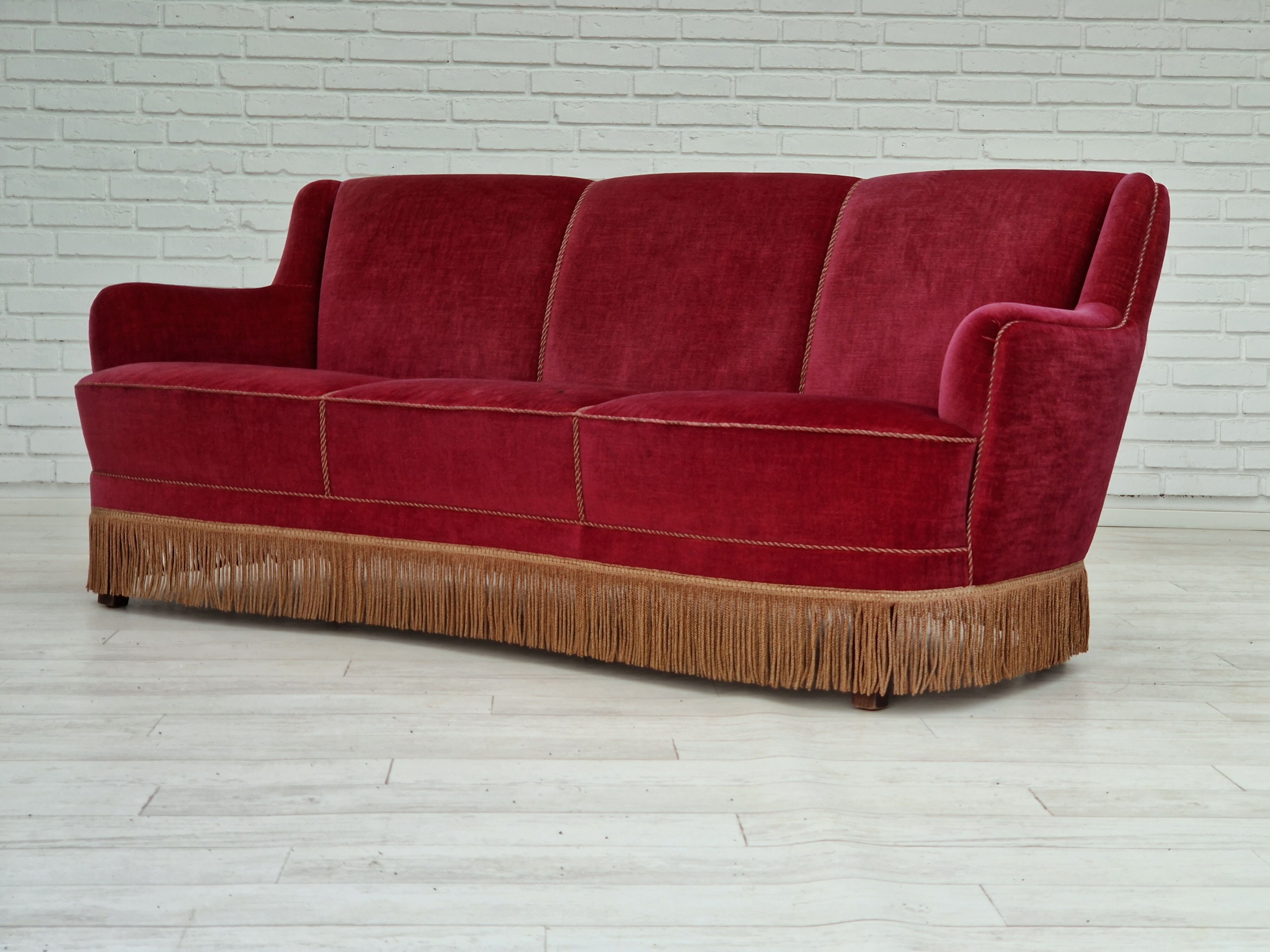 1970s, Danish vintage 2 seater "Banana" sofa, cherry-red velour, original very good condition.