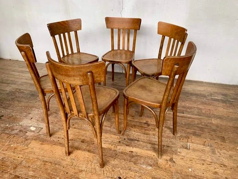 Series of 6 old light wood bistro chairs