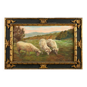 Mario Broggi.the sheep's pasture.important oil on framed wooden panel