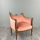 Paire de fauteuils bergères de style Louis XVI en bois sculpté, velours, XX