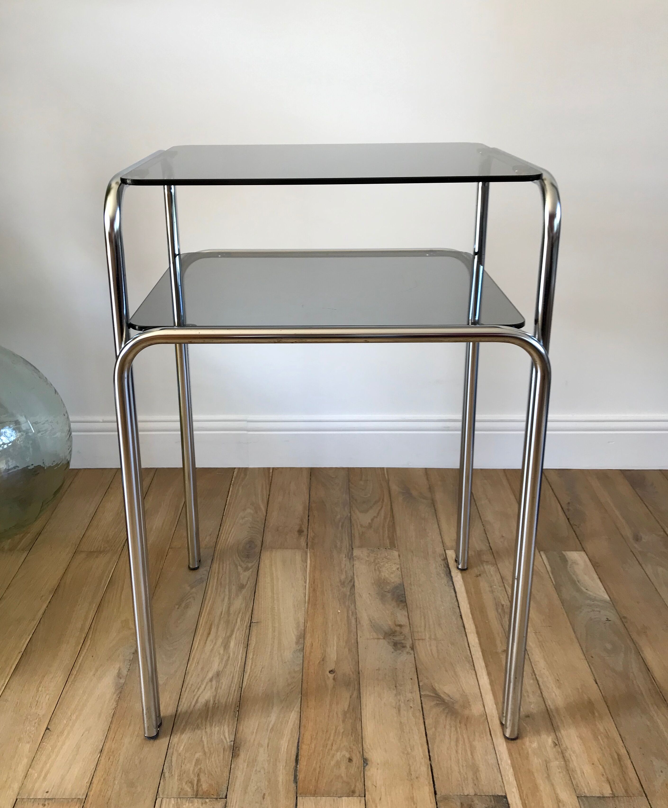 Side table in chrome and smoked glass 70s