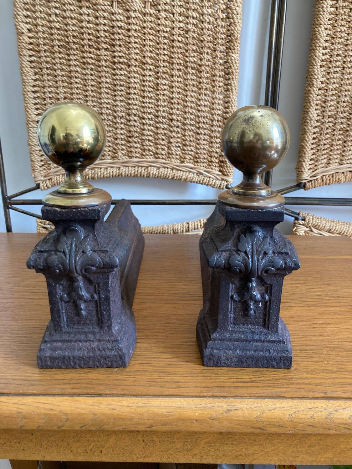 Pair of antique bedside tables in cast iron and brass
