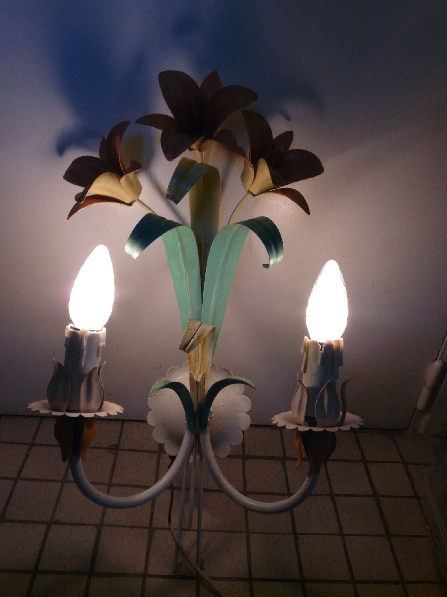vintage wall lamps from the 20th century, metal, lily flowers