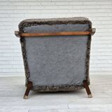 1960s, reupholstered Danish armchair, with stool, genuine sheepskin.