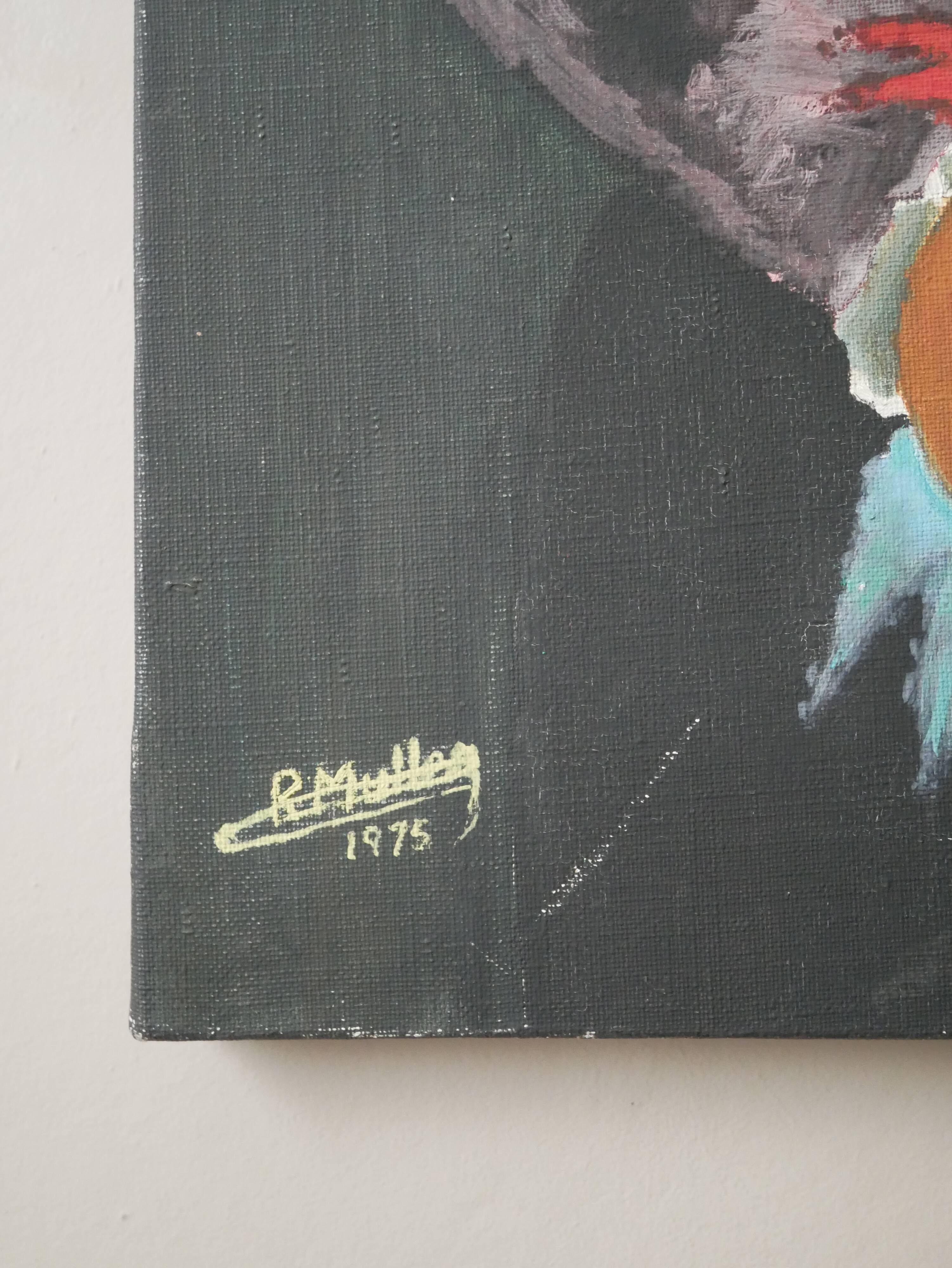 Acrylic painting portrait on canvas child vintage year 75 signed