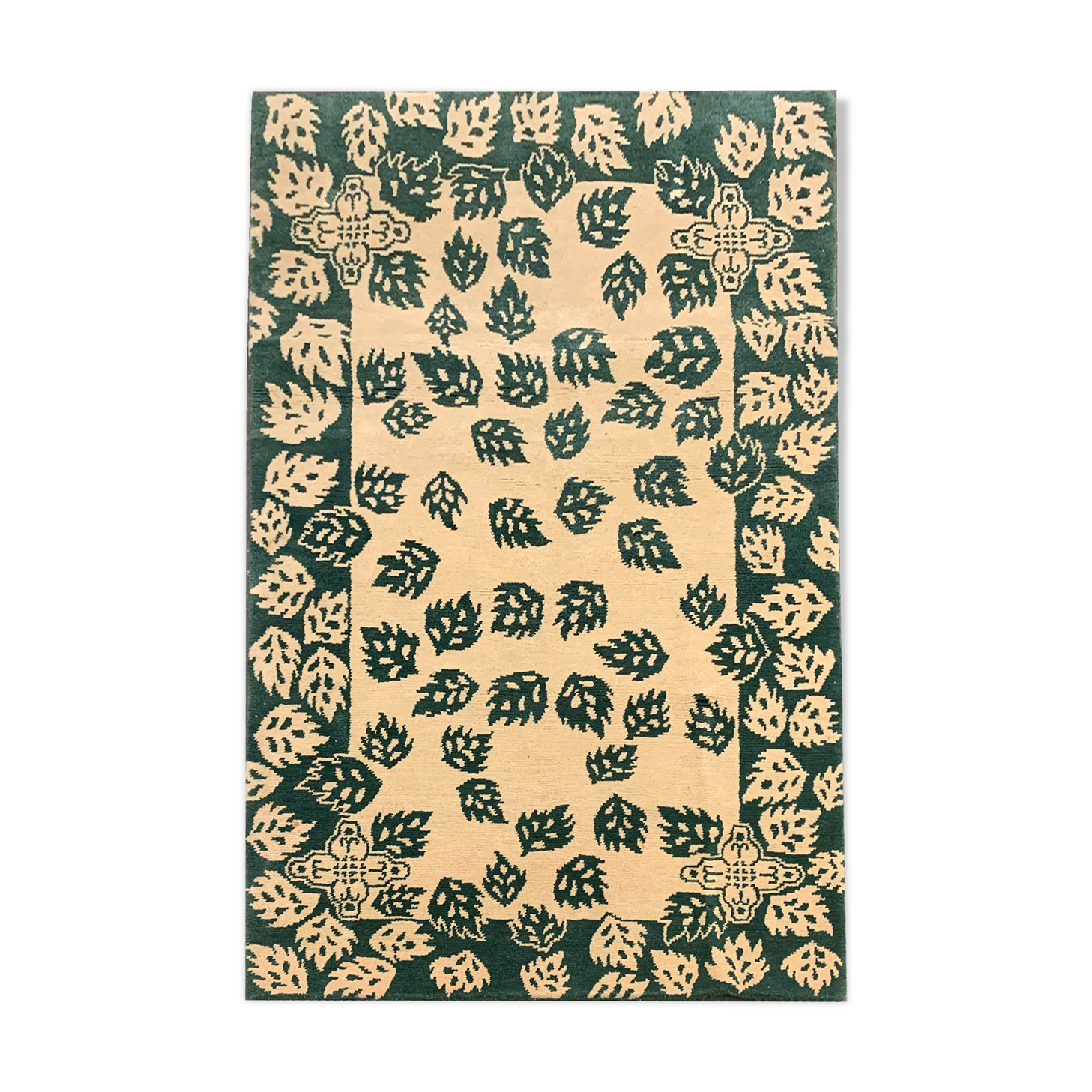 Antique indian carpet hand made green cream wool area 120x205cm