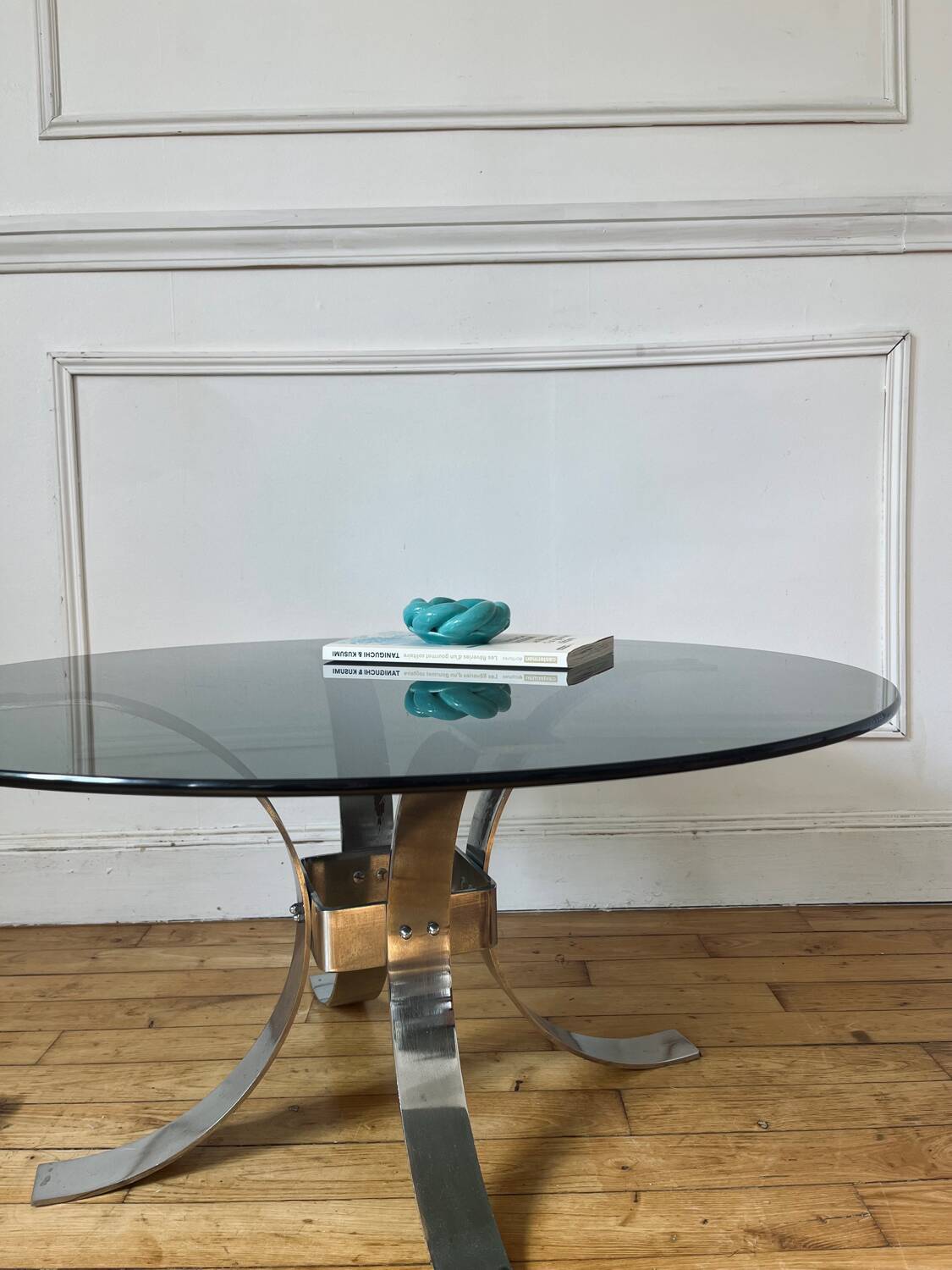 Round smoked glass coffee table from the 70s