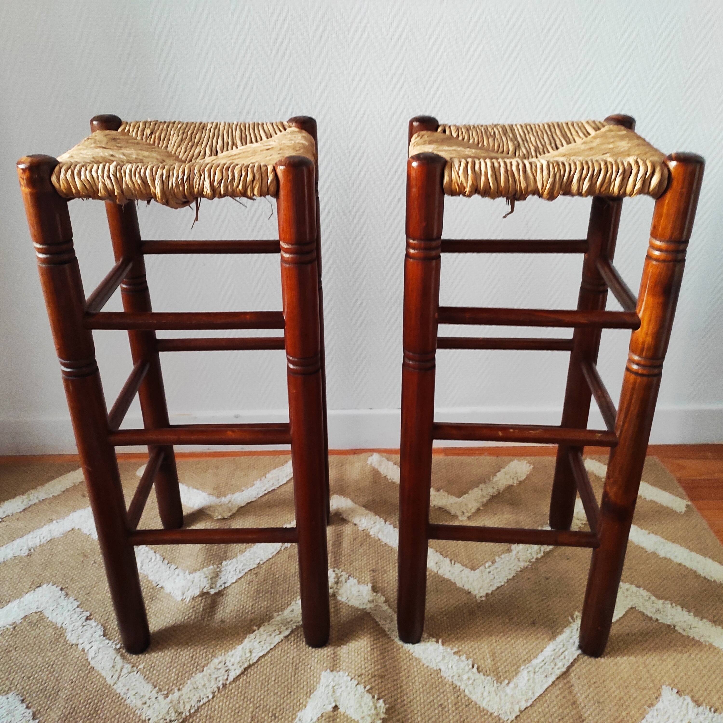Pair of vintage brutalist stools made of wood and straw, France 1965.