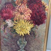 Table, the bouquet of Dahlias, on wood, framed