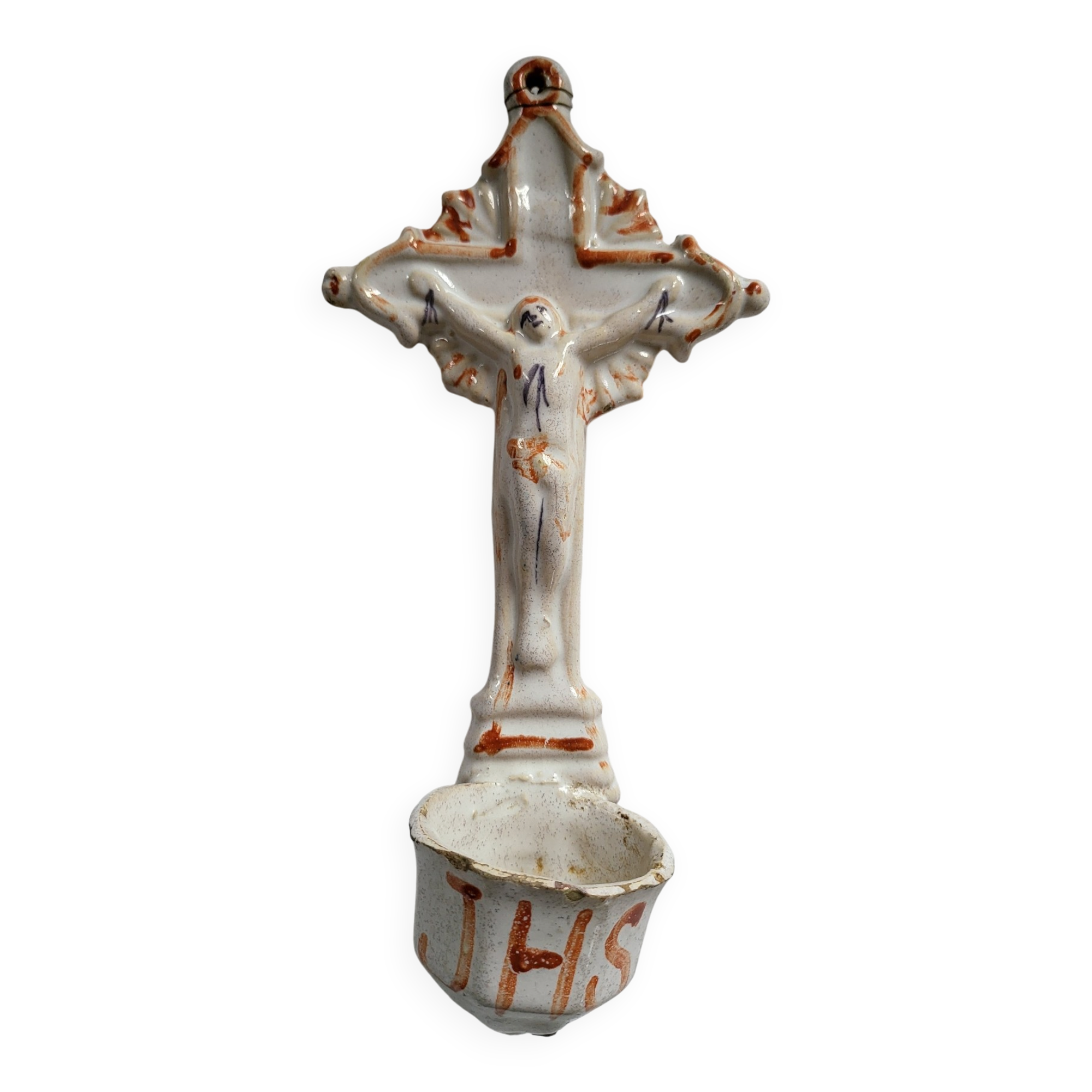 Old Faience Baptismal Font Cross Jesus Christ JHS