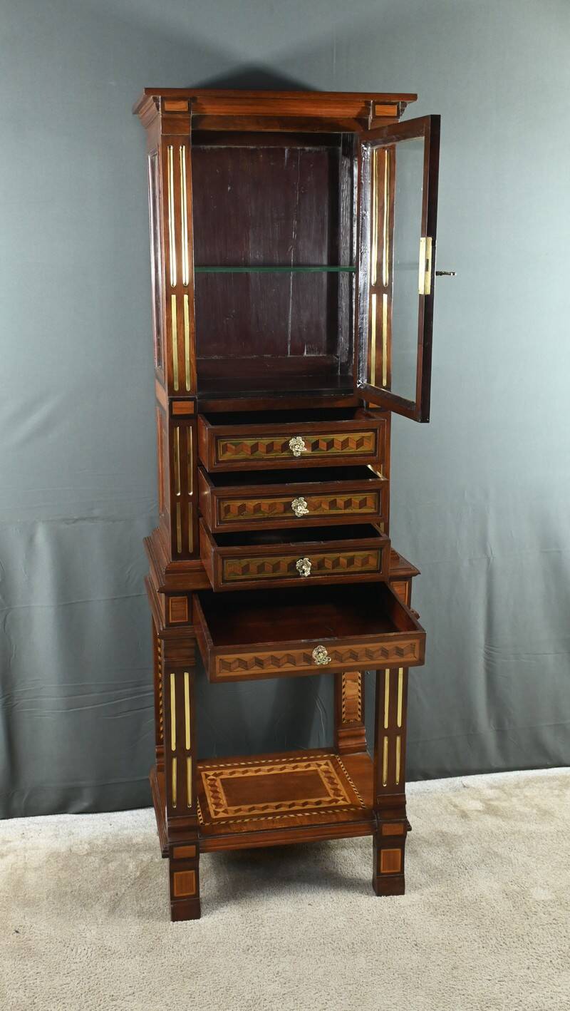 Rare small marquetry display cabinet, louis xvi style – mid 19th century