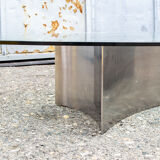 Brutalist coffee table with steel base and 70s glass top