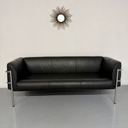 Three-seater tubular chrome and black leather sofa by Kébé, Denmark 80