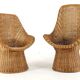 Set of 2 vintage rattan wicker armchairs with white teddy fabric