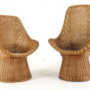 Set of 2 vintage rattan wicker armchairs with white teddy fabric