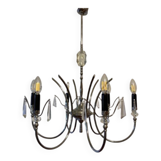 Mid-Century modernist chandelier in chrome and crystal by Gaetano Sciolari, 1970s