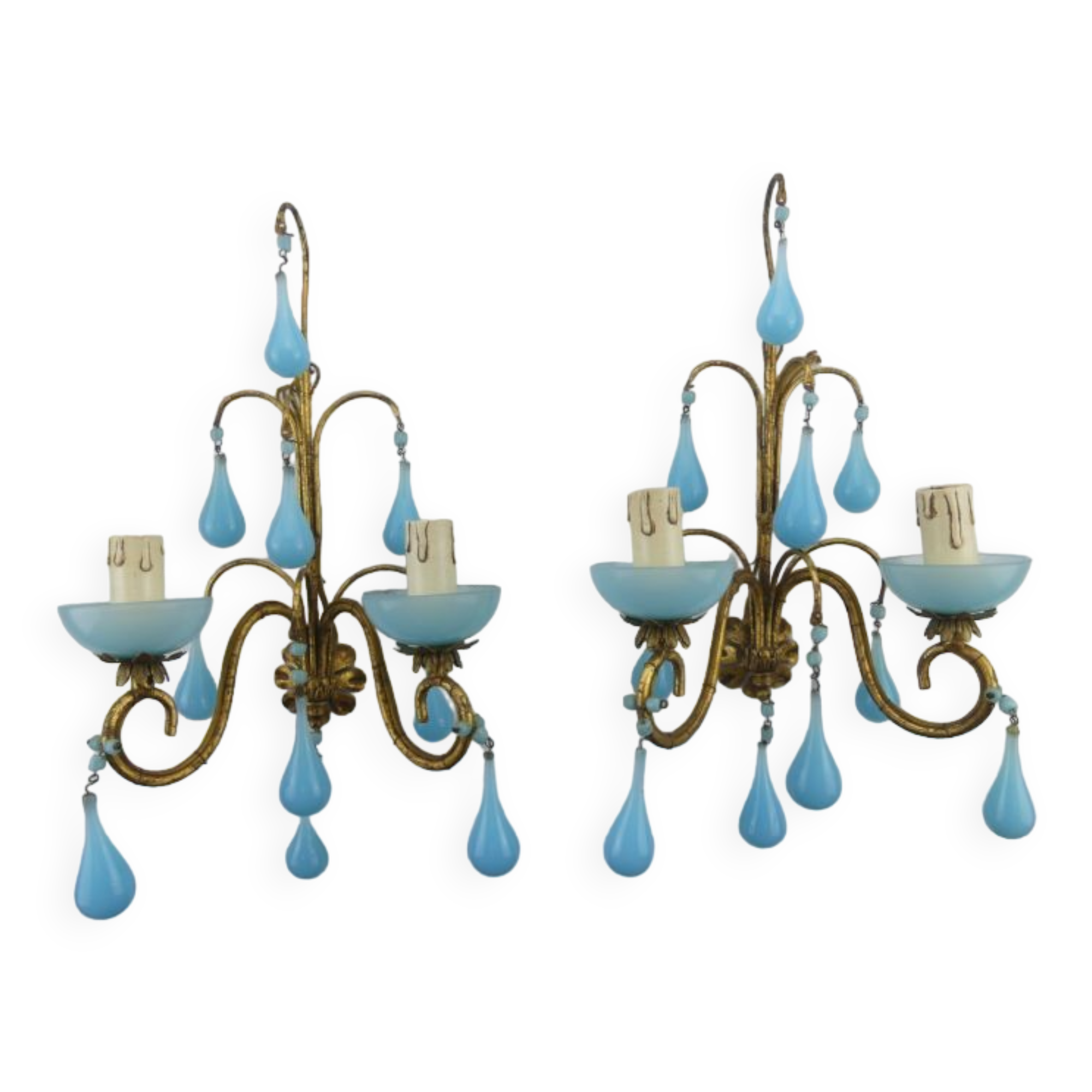 Pair of vintage wall lamps Murano blue opaline tassels