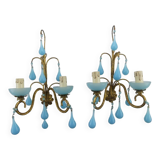 Pair of vintage wall lamps Murano blue opaline tassels
