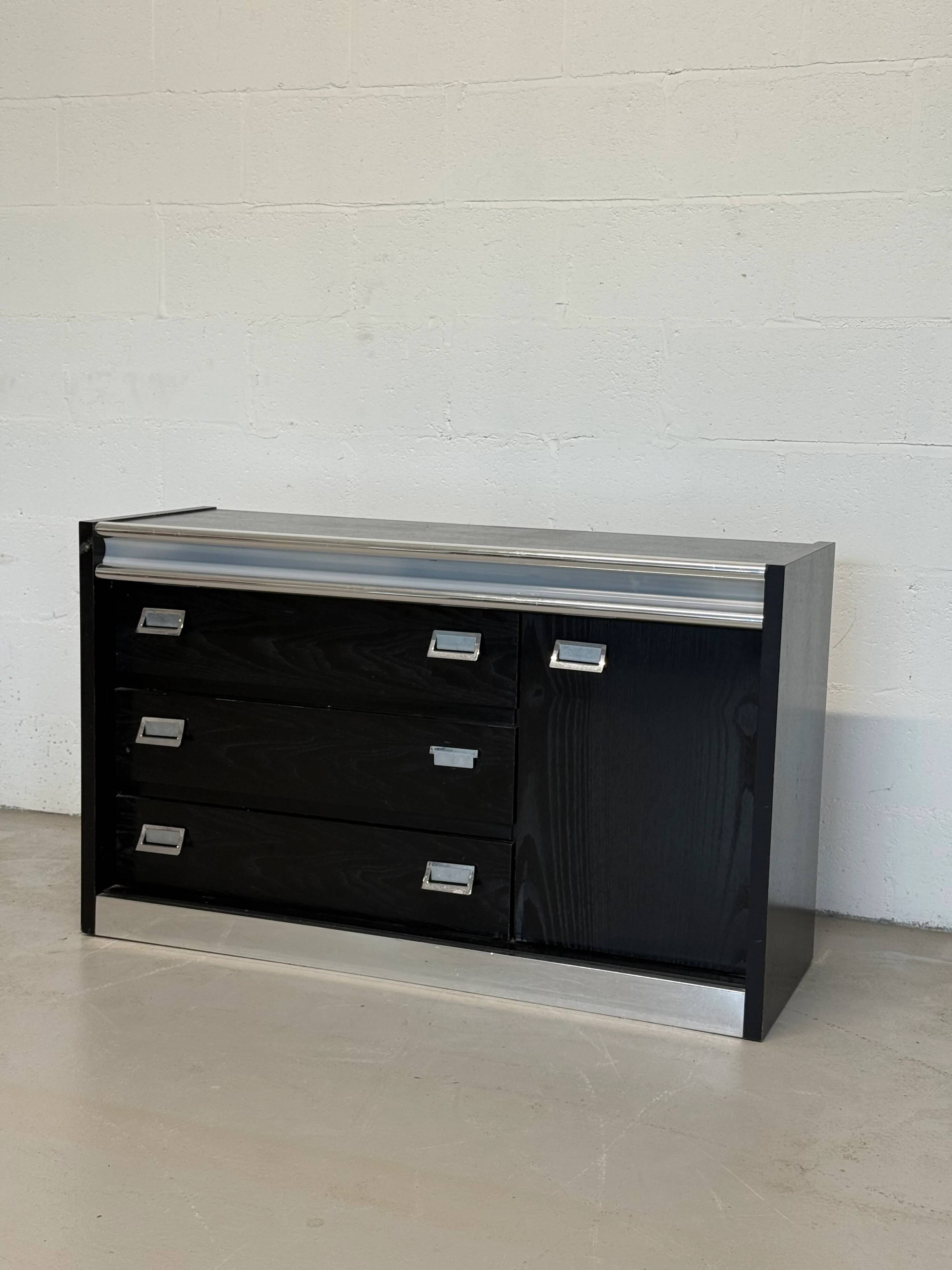 Vintage black lacquered and chrome sideboard | Italian Space Age sideboard from the 1970s