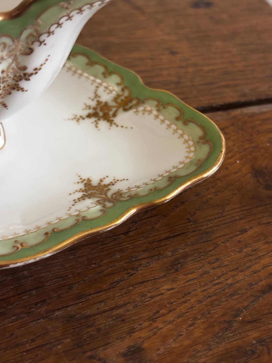 Vintage green Limoges porcelain gravy boat with gilt trim