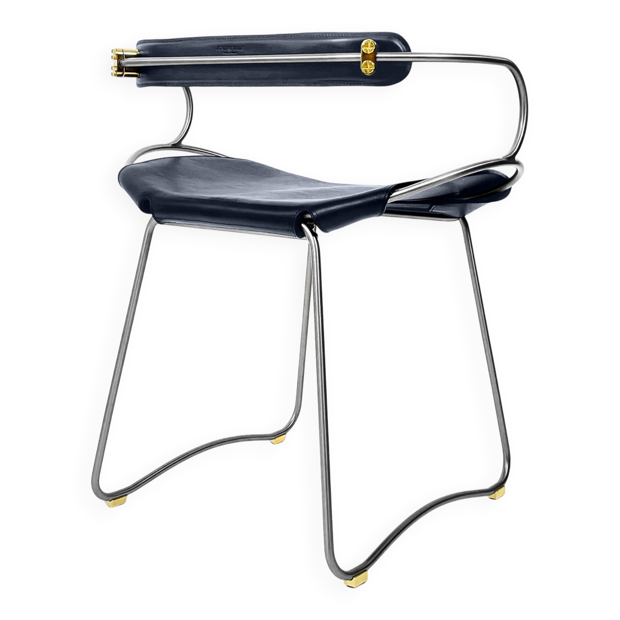Contemporary sculptural bar stool c. Aged Silver Metal Backrest and Navy Blue Leather